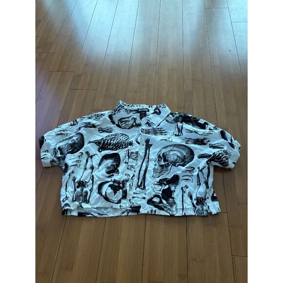 Anatomical Skeleton Sepia Boxy Girls Crop Woven Button-Up Small - Picture 2 of 5